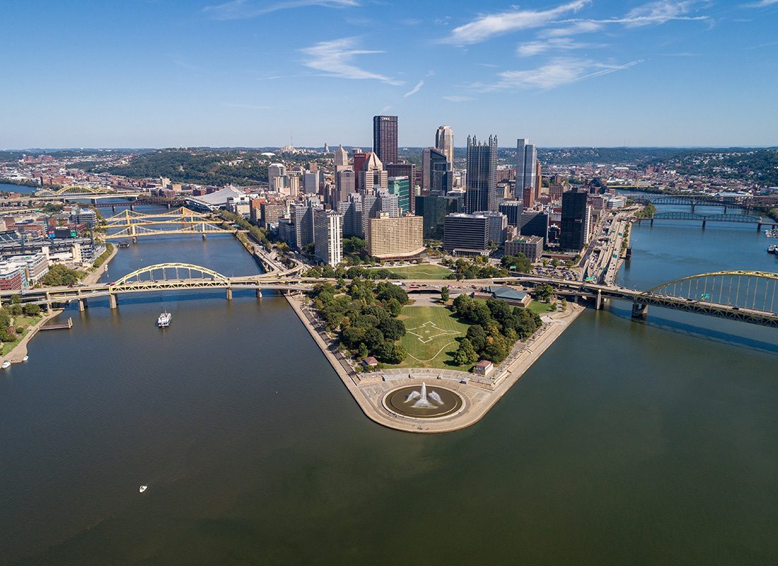Pittsburgh, PA - Aerial View of the Cityscape of Pittsburgh With Point State Park Fountain in Background